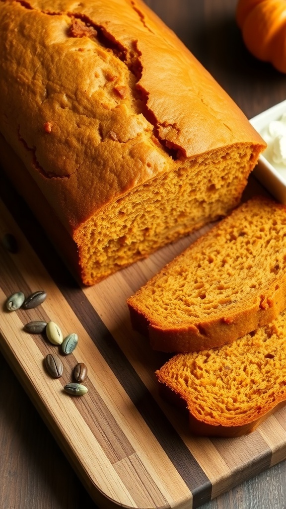 Copycat Starbucks Pumpkin Bread Recipe A golden loaf of pumpkin bread sliced on a wooden board, with cream cheese spread and pumpkin seeds.